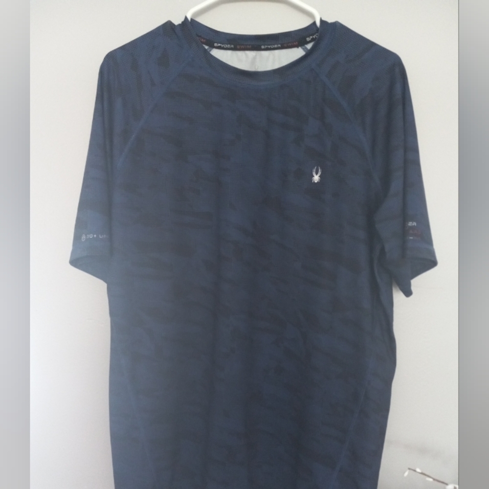 Spyder Shirt Mens Medium Blue Rash Guard Surf Beach UPF 30 Short Sleeve